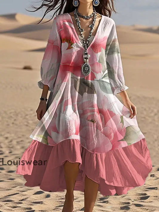 Vintage Bohemian-Blumen druck mit V-Ausschnitt Elegantes schickes lockiges Midi-Kleid A / S