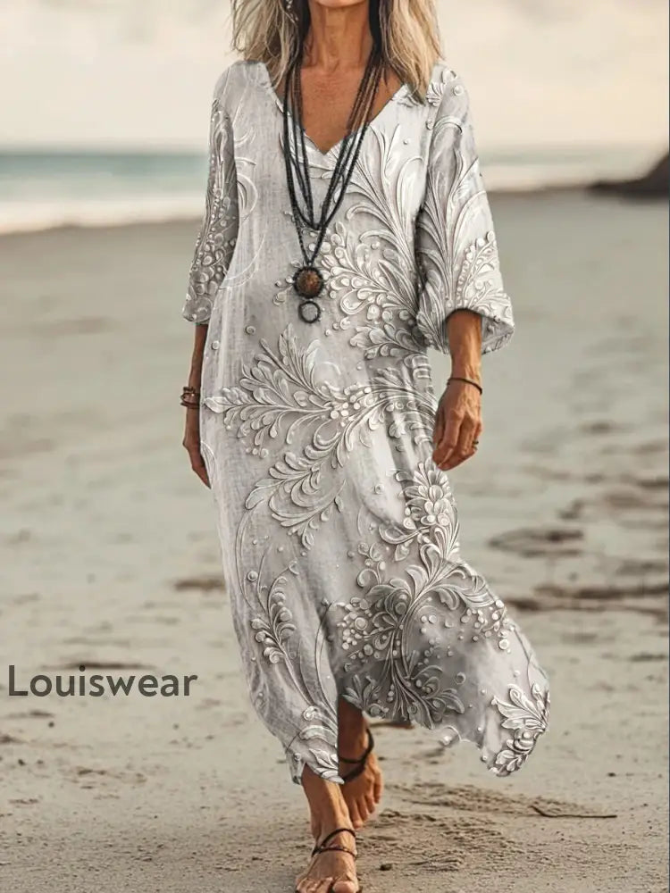 Vintage Bohemian-Blumen druck mit V-Ausschnitt Elegantes schickes lockiges Midi-Kleid A / S