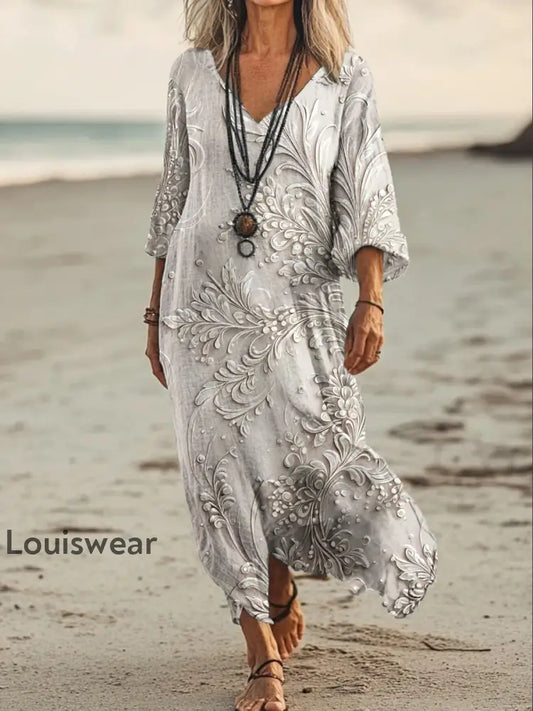 Vintage Bohemian-Blumen druck mit V-Ausschnitt Elegantes schickes lockiges Midi-Kleid A / S