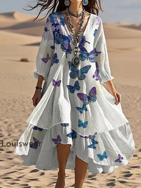 Vintage Bohemian Butterfly Print mit V-Ausschnitt Elegantes schickes lockiges Midi-Kleid A / S