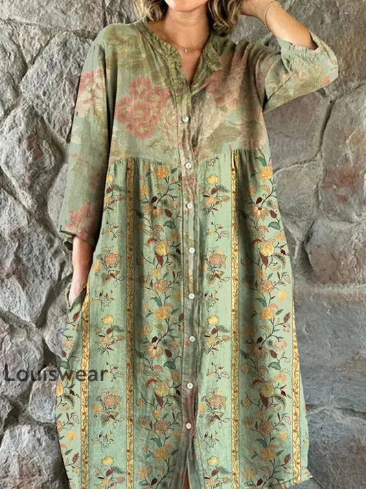 Vintage Bohemian Floral Art Print Chic V-Ausschnitt Dreiviertel Ärmel Knopf Elegantes Midi-Kleid A / S
