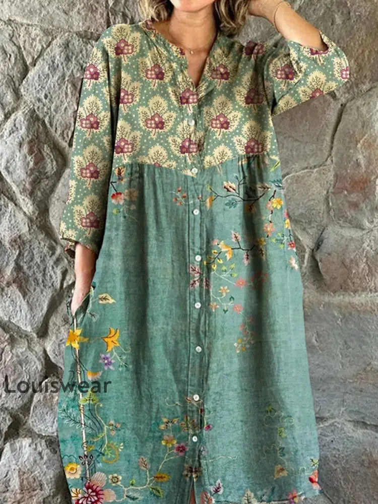 Vintage Bohemian Floral Art Print Chic V-Ausschnitt Dreiviertel Ärmel Knopf Elegantes Midi-Kleid A / S