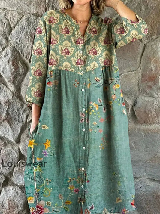Vintage Bohemian Floral Art Print Chic V-Ausschnitt Dreiviertel Ärmel Knopf Elegantes Midi-Kleid A / S