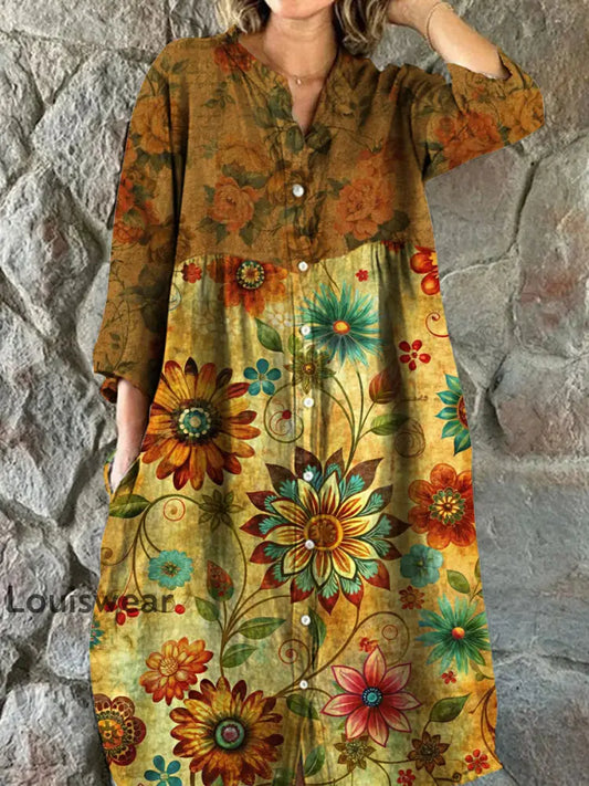 Vintage Bohemian Floral Art Print Chic V-Ausschnitt Dreiviertel Ärmel Knopf Elegantes Midi-Kleid A / S