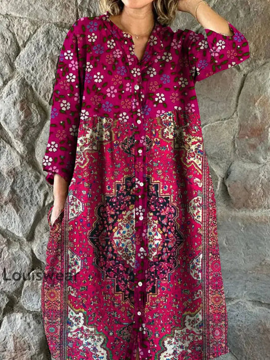 Vintage Bohemian Floral Art Print Chic V-Ausschnitt Dreiviertel Ärmel Knopf Elegantes Midi-Kleid A / S