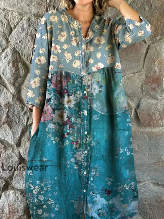 Vintage Bohemian Floral Art Print Chic V-Ausschnitt Dreiviertel Ärmel Knopf Elegantes Midi-Kleid A / S