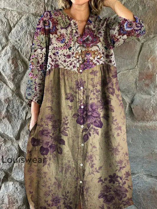 Vintage Bohemian Floral Art Print Chic V-Ausschnitt Dreiviertel Ärmel Knopf Elegantes Midi-Kleid A / S