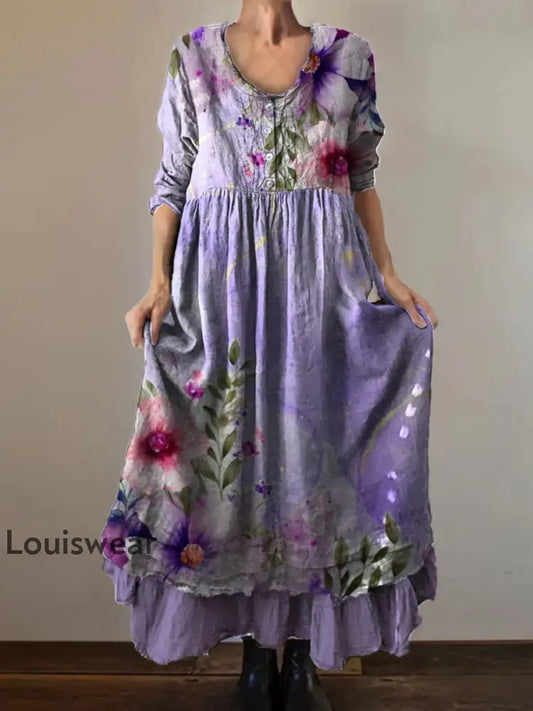 Vintage Rundhals böhmischer Blumen druck Elegantes schickes lockiges Maxi kleid A / S