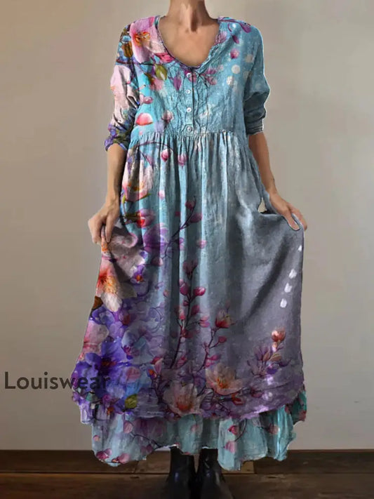 Vintage Rundhals böhmischer Blumen druck Elegantes schickes lockiges Maxi kleid A / S