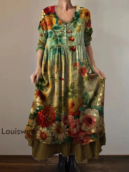 Vintage Rundhals böhmischer Blumen druck Elegantes schickes lockiges Maxi kleid A / S