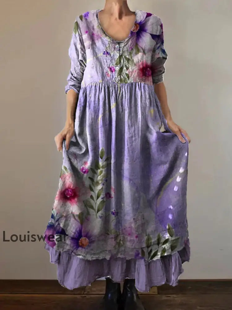 Vintage Rundhals böhmischer Blumen druck Elegantes schickes lockiges Maxi kleid A / S