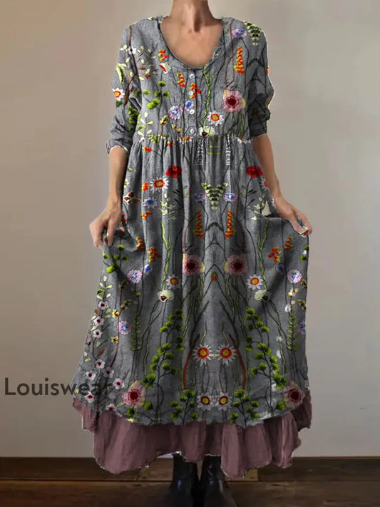 Vintage Rundhals böhmischer Blumen druck Elegantes schickes lockiges Maxikleid A / S