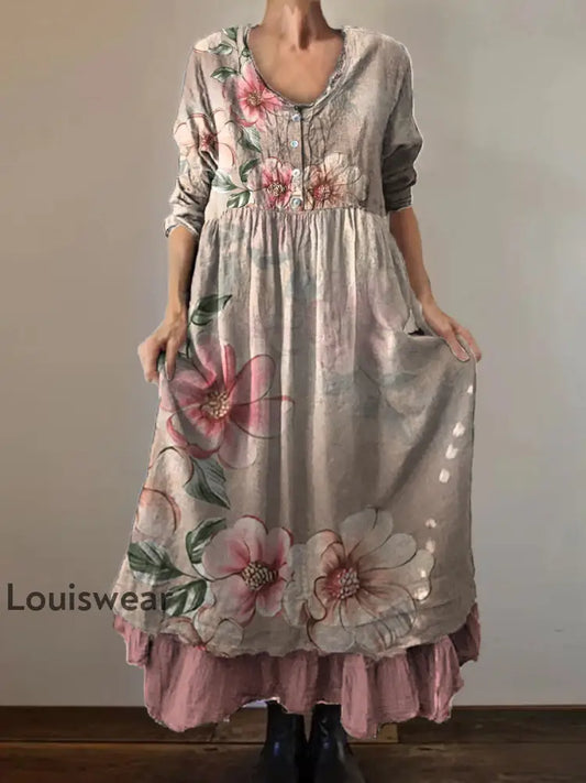 Vintage Rundhals böhmischer Blumen druck Elegantes schickes lockiges Midi kleid A / S