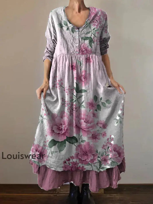 Vintage Rundhals böhmischer Blumen druck Elegantes schickes lockiges Midi kleid A / S
