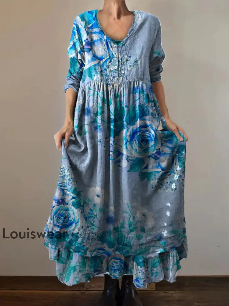 Vintage Rundhals böhmischer Blumen druck Elegantes schickes lockiges Midi kleid A / S