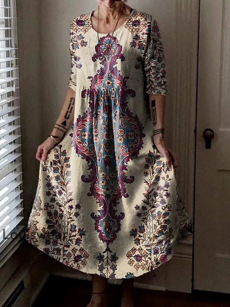 Vintage Rundhals böhmischer Blumen druck Elegantes schickes lockiges Midi kleid A / S