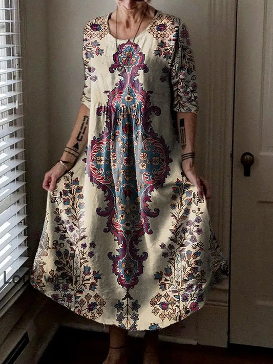 Vintage Rundhals böhmischer Blumen druck Elegantes schickes lockiges Midi kleid A / S