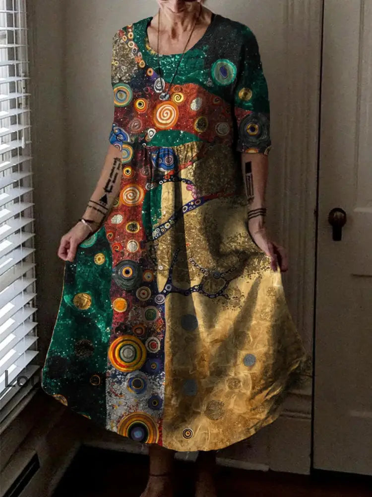 Vintage Rundhals böhmischer Blumen druck Elegantes schickes lockiges Midi kleid A / S