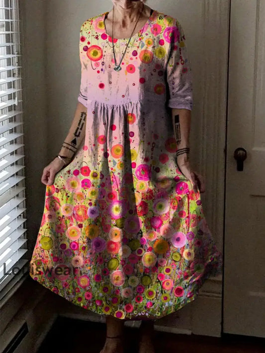 Vintage Rundhals böhmischer Blumen druck Elegantes schickes lockiges Midi kleid A / S