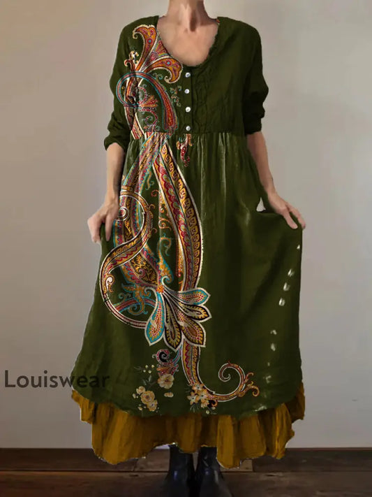 Vintage Rundhals böhmischer Blumen druck Elegantes schickes lockiges Midi kleid A / S