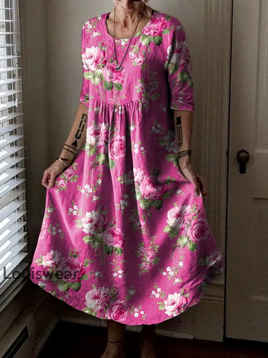 Vintage Rundhals böhmischer Blumen druck Elegantes schickes lockiges Midi kleid A / S