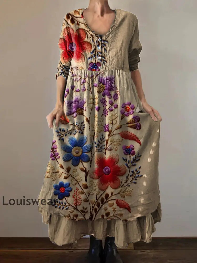 Vintage Rundhals böhmischer Blumen druck Elegantes schickes lockiges Midi kleid A / S