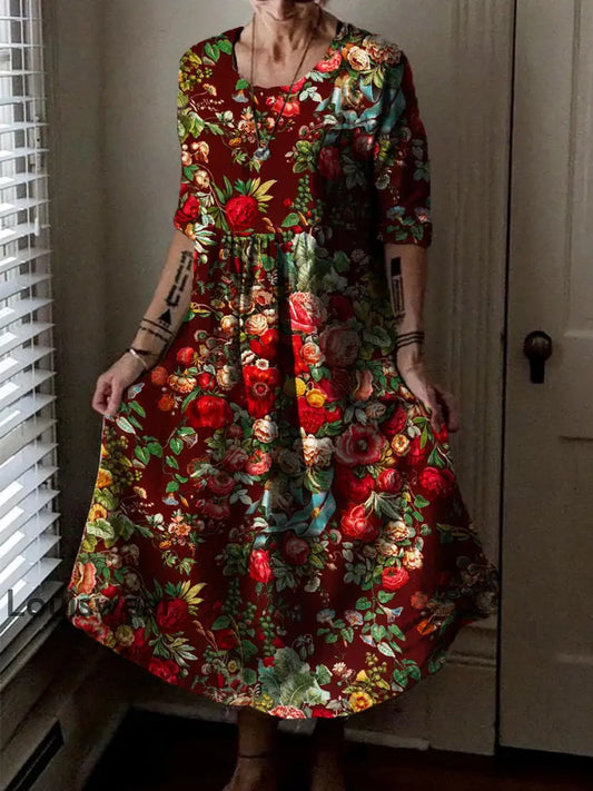 Vintage Rundhals böhmischer Blumen druck Elegantes schickes lockiges Midi kleid A / S
