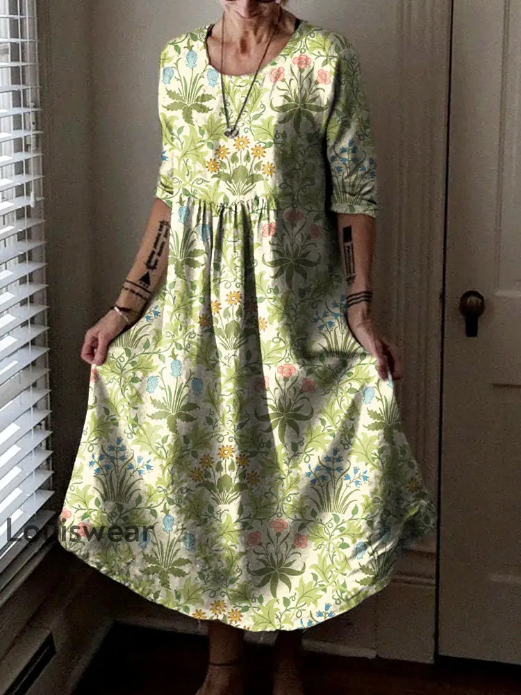 Vintage Rundhals böhmischer Blumen druck Elegantes schickes lockiges Midi kleid A / S