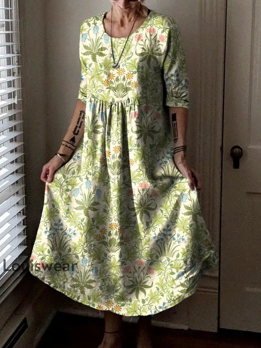 Vintage Rundhals böhmischer Blumen druck Elegantes schickes lockiges Midi kleid A / S