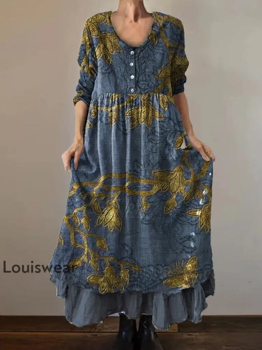 Vintage Rundhals böhmischer Blumen druck Elegantes schickes lockiges Midi kleid A / S