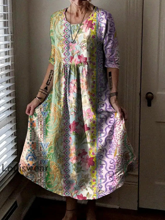 Vintage Rundhals böhmischer Blumen druck Elegantes schickes lockiges Midi kleid A / S