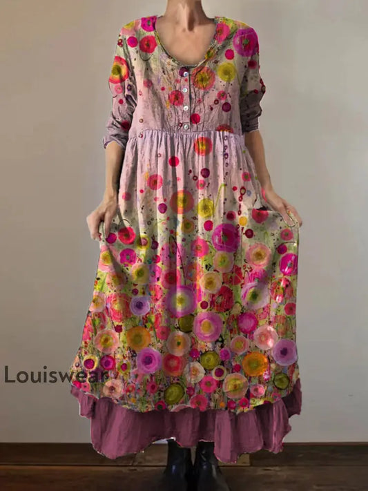 Vintage Rundhals böhmischer Blumen druck Elegantes schickes lockiges Midi kleid A / S