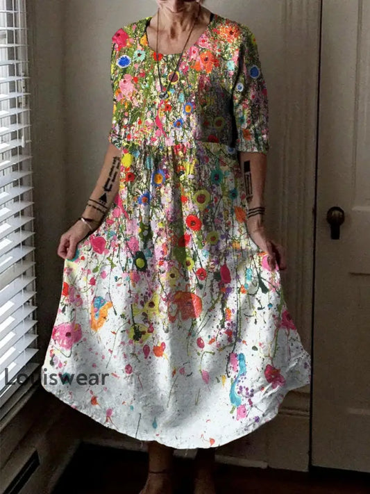 Vintage Rundhals böhmischer Blumen druck Elegantes schickes lockiges Midi kleid A / S