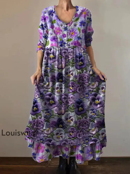 Vintage Rundhals böhmischer Blumen druck Elegantes schickes lockiges Midi kleid A / S