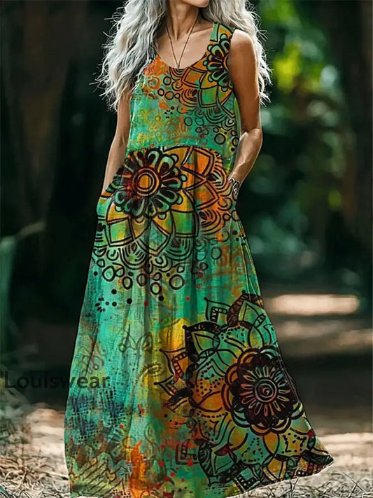 Vintage Rundhals böhmischer ethnischer Blumen druck Elegantes schick ärmelloses loses Midi-Kleid A / S