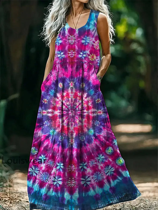 Vintage Rundhals böhmischer ethnischer Blumen druck Elegantes schick ärmelloses loses Midi-Kleid A / S