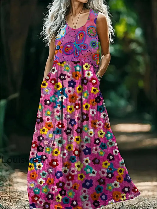 Vintage Rundhals böhmischer ethnischer Blumen druck Elegantes schick ärmelloses loses Midi-Kleid A / S