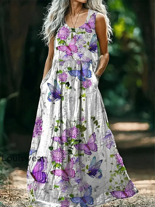 Vintage Rundhals böhmischer ethnischer Schmetterling Blumen druck Elegantes schickes ärmelloses lockiges Midi-Kleid A