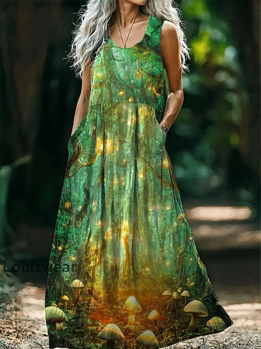 Vintage Rundhals Bohe Mian Magic Wald druck Elegantes schickes ärmelloses loses Midi-Kleid A / S